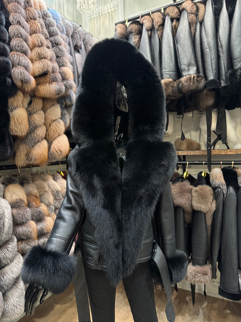 Premium Black Fox Fur Hooded Shearling Leather Jacket