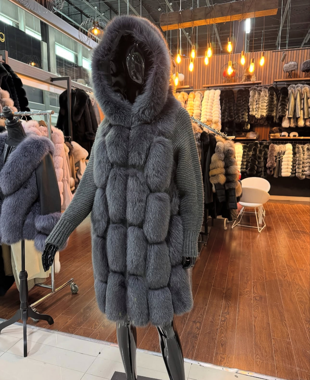 Gray Fox Fur Jacket with Knit Sleeves – Real Fur, Lightweight & Stylish
