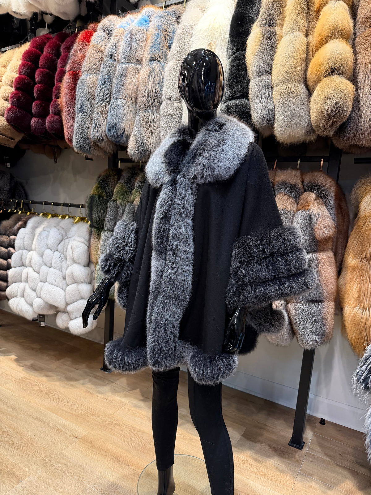 Silver Fox Fur and Cashmere Fabric Poncho