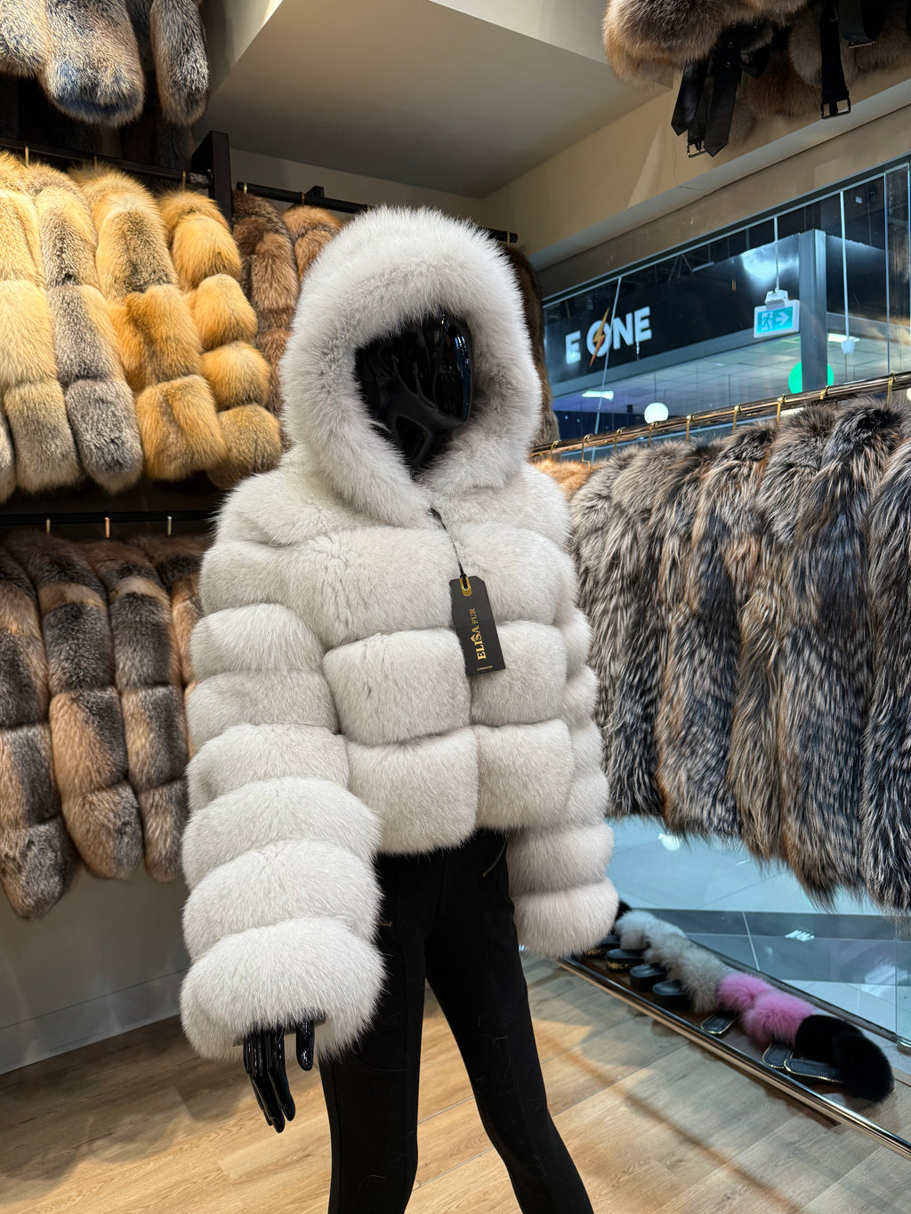 Hooded White Fox Fur Jacket – Large Fur Panels & Unique Luxury Design