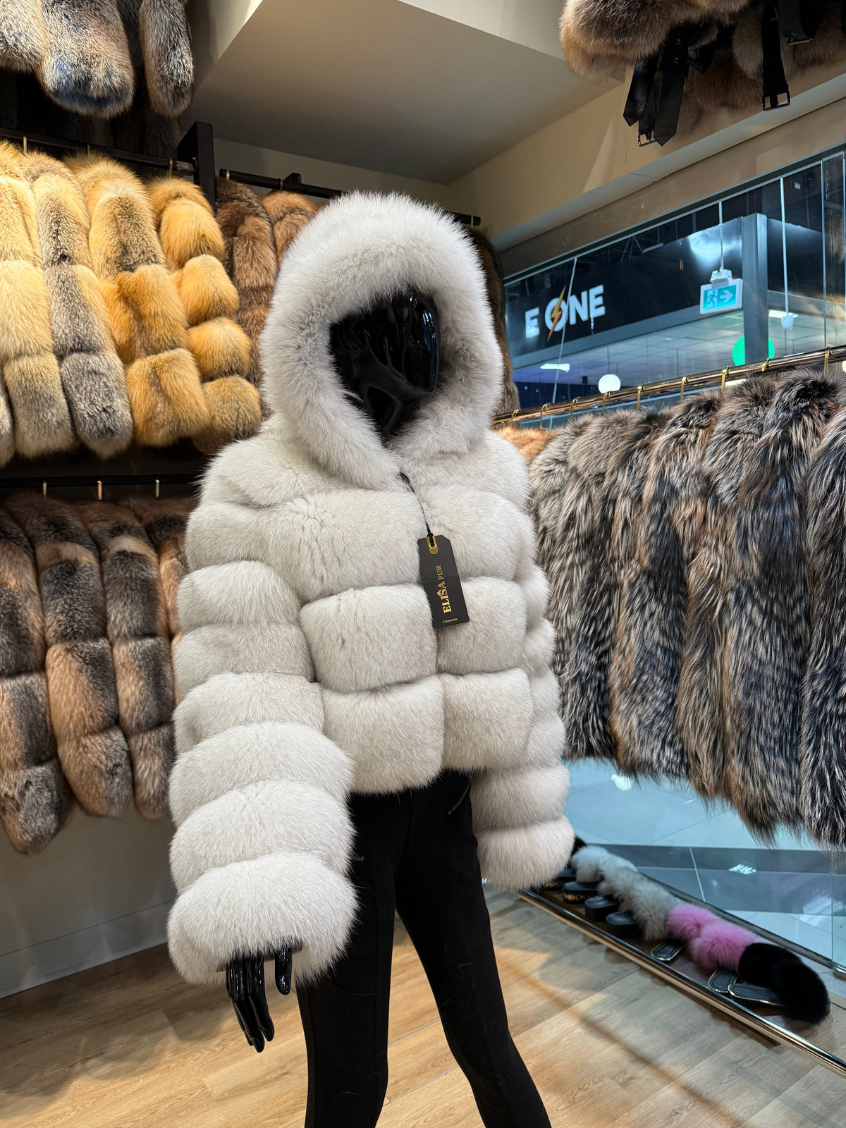 Hooded White Fox Fur Jacket – Large Fur Panels & Unique Luxury Design