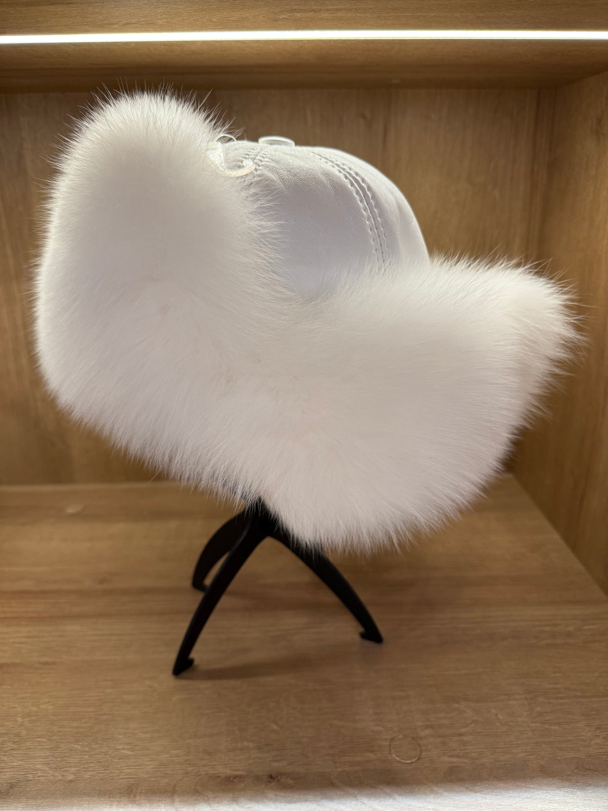 White Fox Fur & Genuine Leather Trapper Hat with Ear Flaps