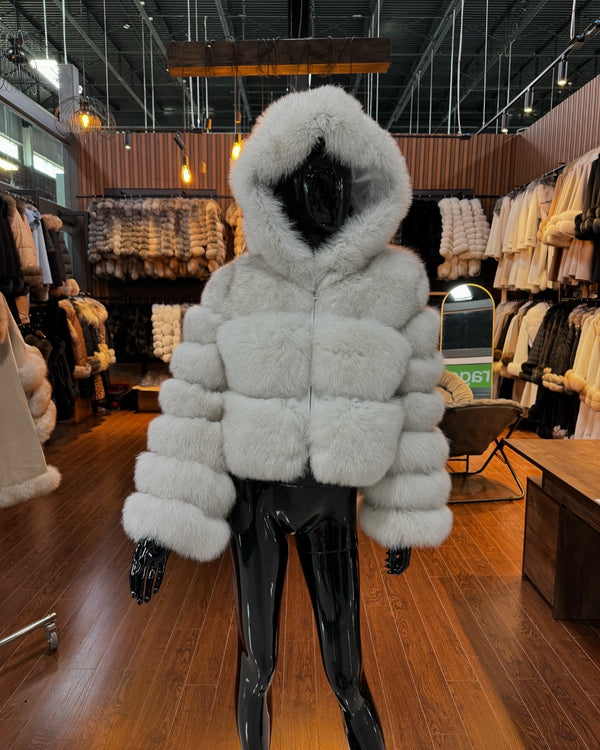 Hooded White Fox Fur Jacket – Large Fur Panels & Unique Luxury Design