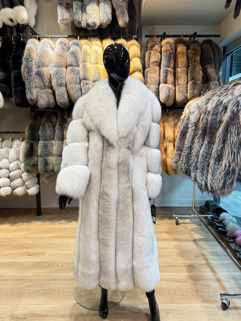 Natural White Genuine Fox Fur Long Coat – 130 cm Luxury Design