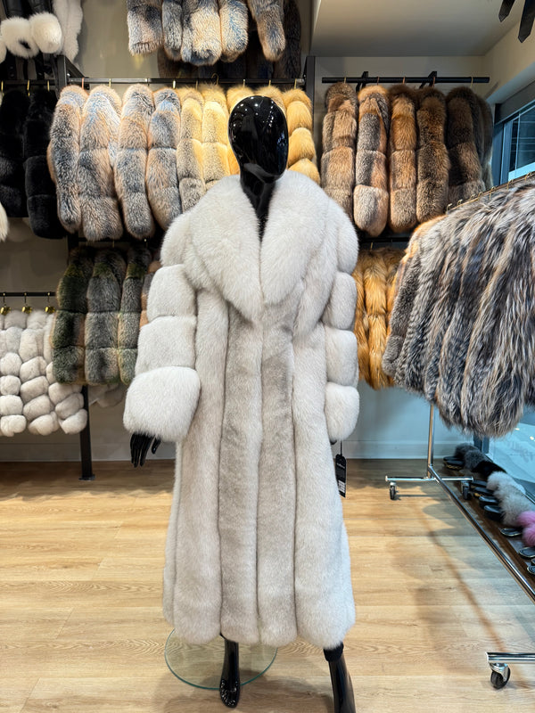 Natural White Genuine Fox Fur Long Coat – 130 cm Luxury Design