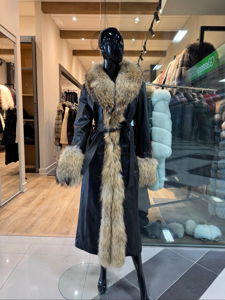Luxury Genuine Fox Fur & Real Leather Long Coat