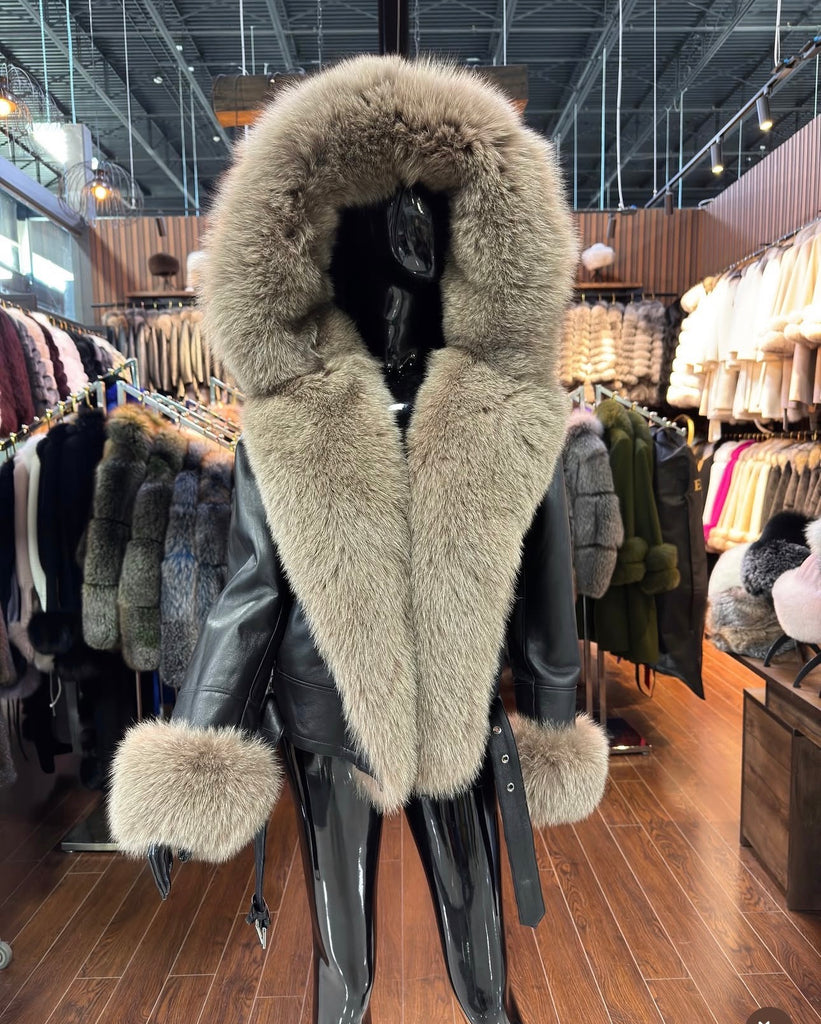 Hooded Brown Fox Fur & Genuine Leather Jacket – Luxury Handmade