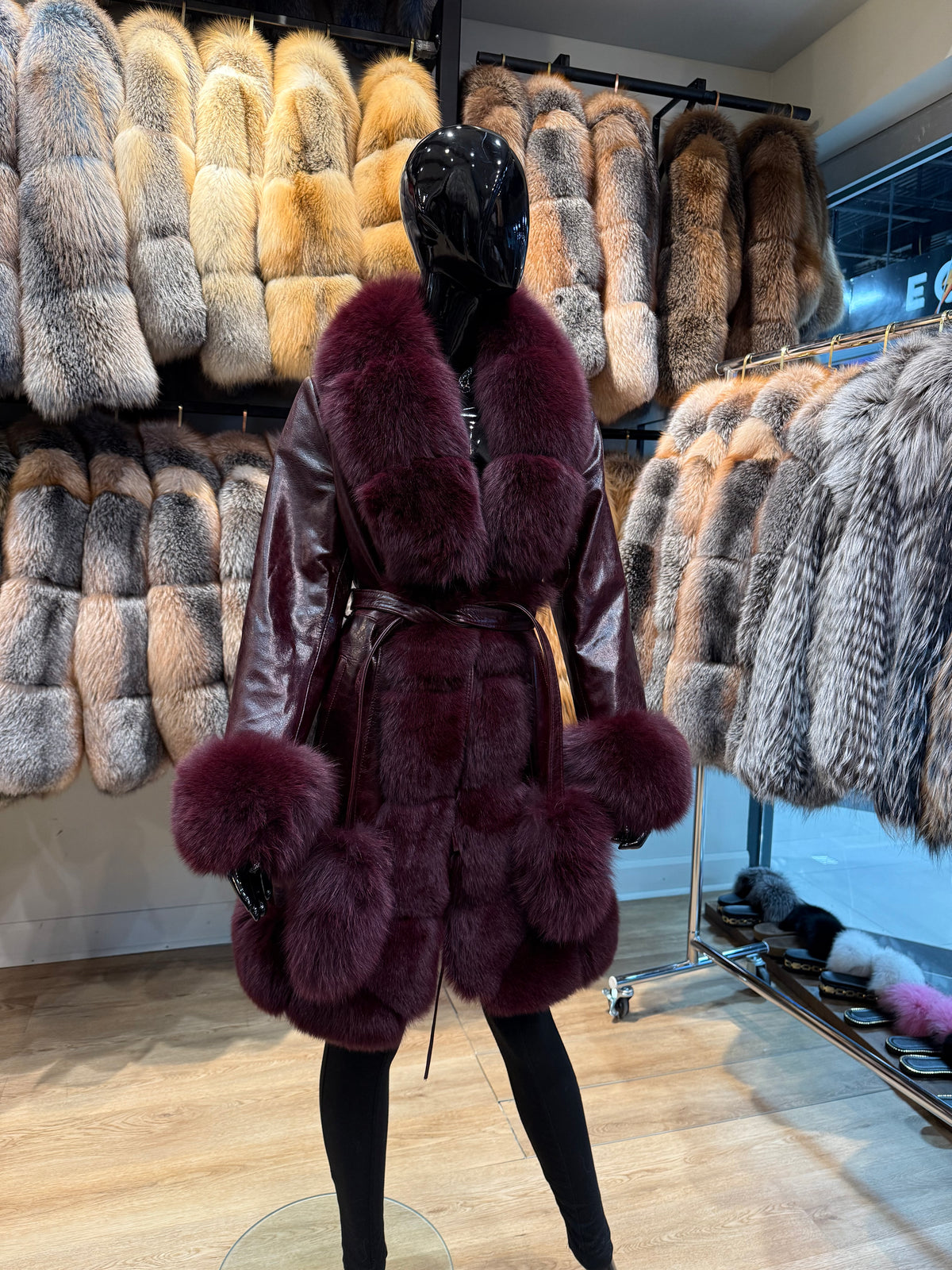Burgundy Fox Fur & Genuine Leather Luxury Coat | Premium Real Fur Winter Coat