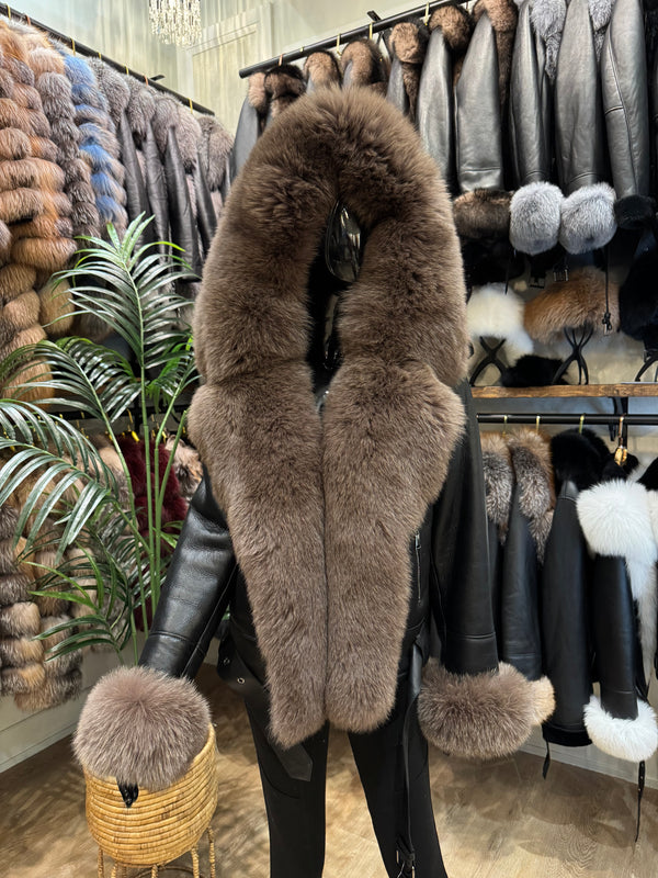 Hooded Brown Fox Fur & Genuine Leather Jacket – Luxury Handmade