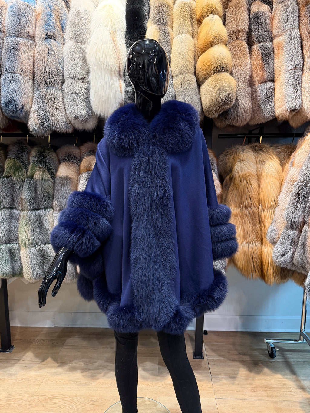 Luxury Navy Blue Fox Fur & Cashmere Poncho | Elegant Women’s Fur Cape