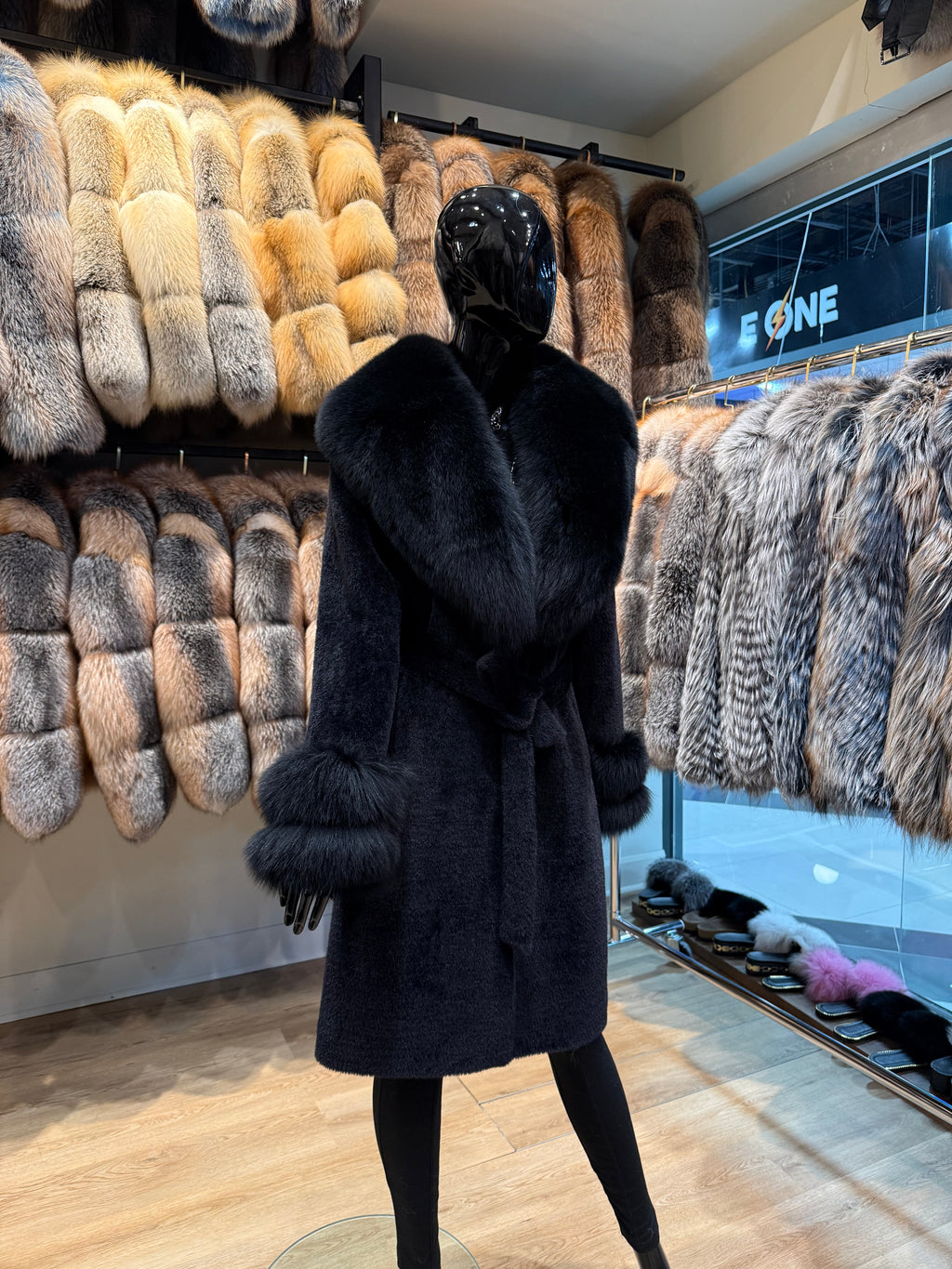 Black Fox Fur & Alcantara Women’s Coat – Luxury Winter Jacket