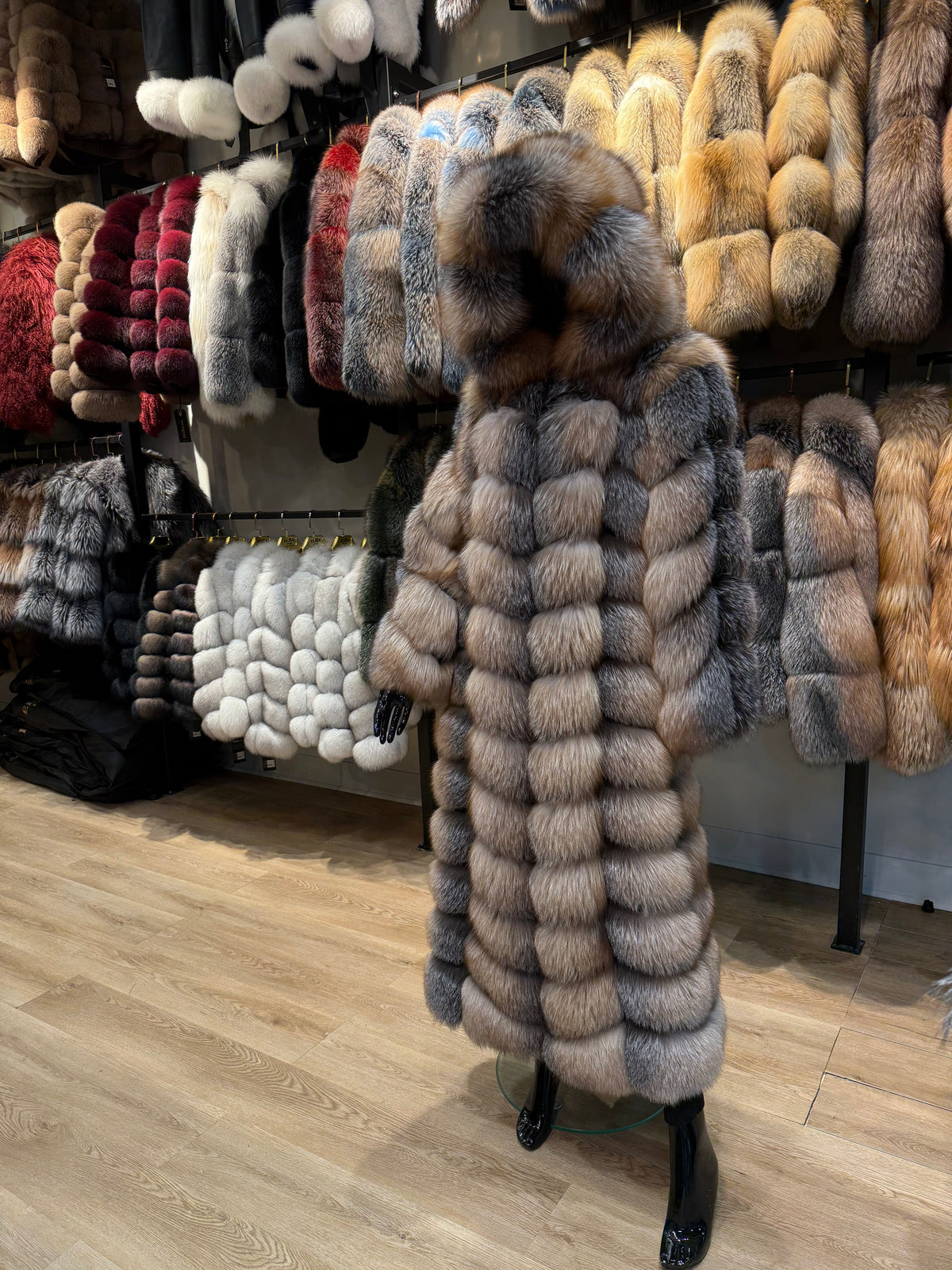Luxury Natural Fox Fur Maxi Coat with Hood – Full Length Genuine Fox Fur Winter Coat