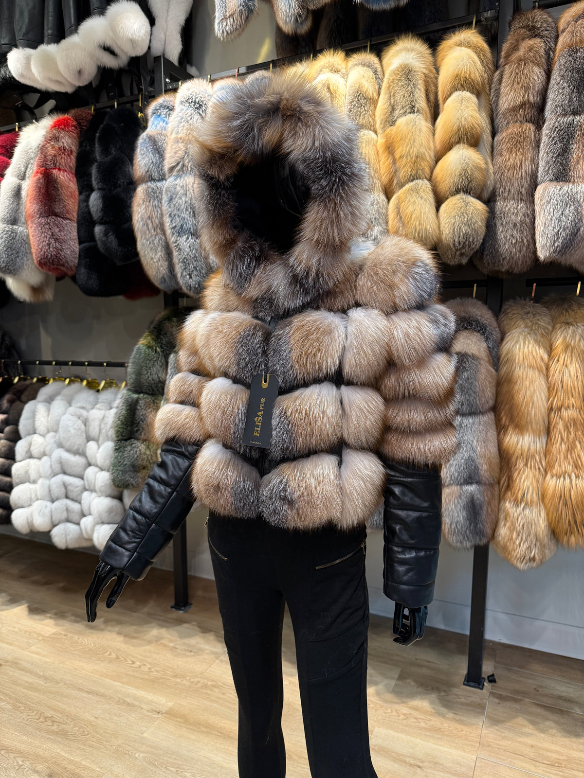 Natural Gold Real Fox Fur & Genuine Leather Coat with Hood – Luxury Designer Outerwear