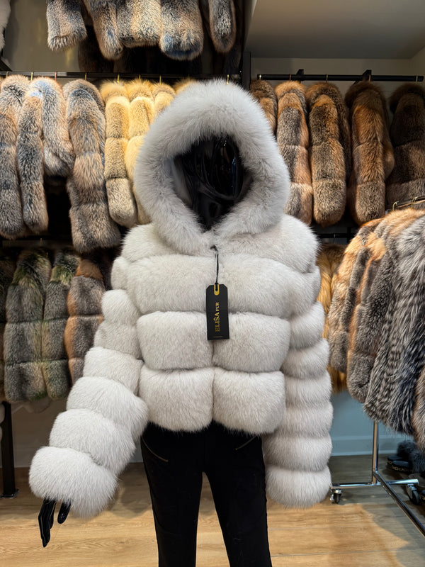 Hooded White Fox Fur Jacket – Large Fur Panels & Unique Luxury Design