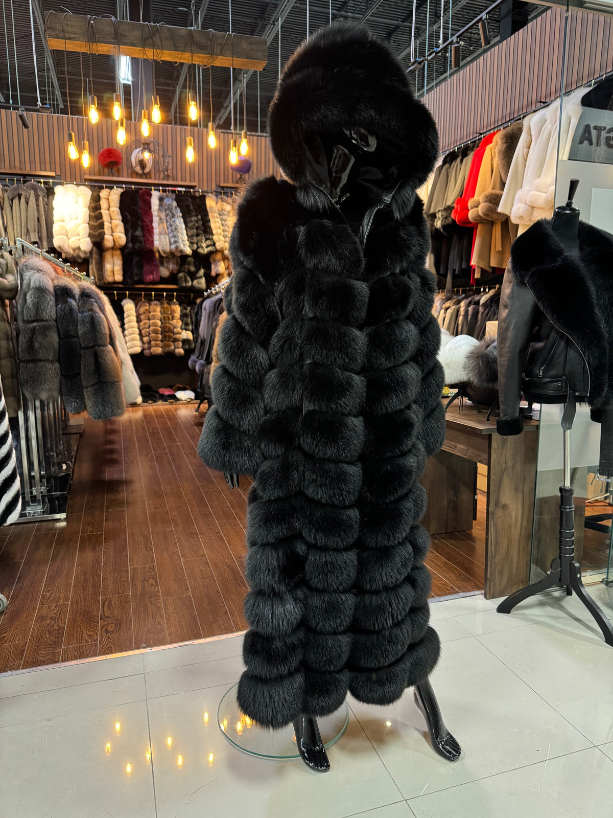 Black Fox Fur Maxi Long Luxury Coat