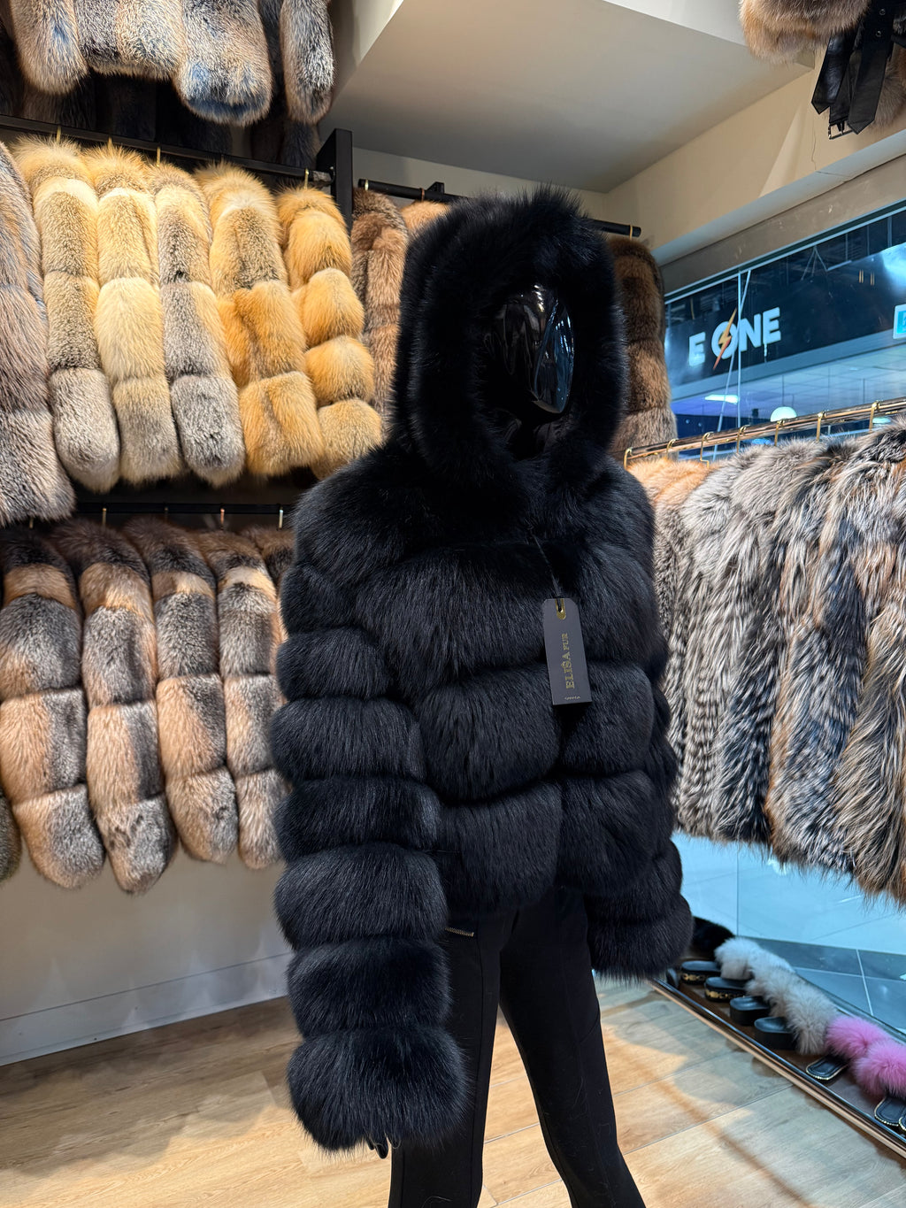 Black Fox Fur Hooded Jacket – Detachable Sleeves & Hood – 100% Genuine Fox Fur