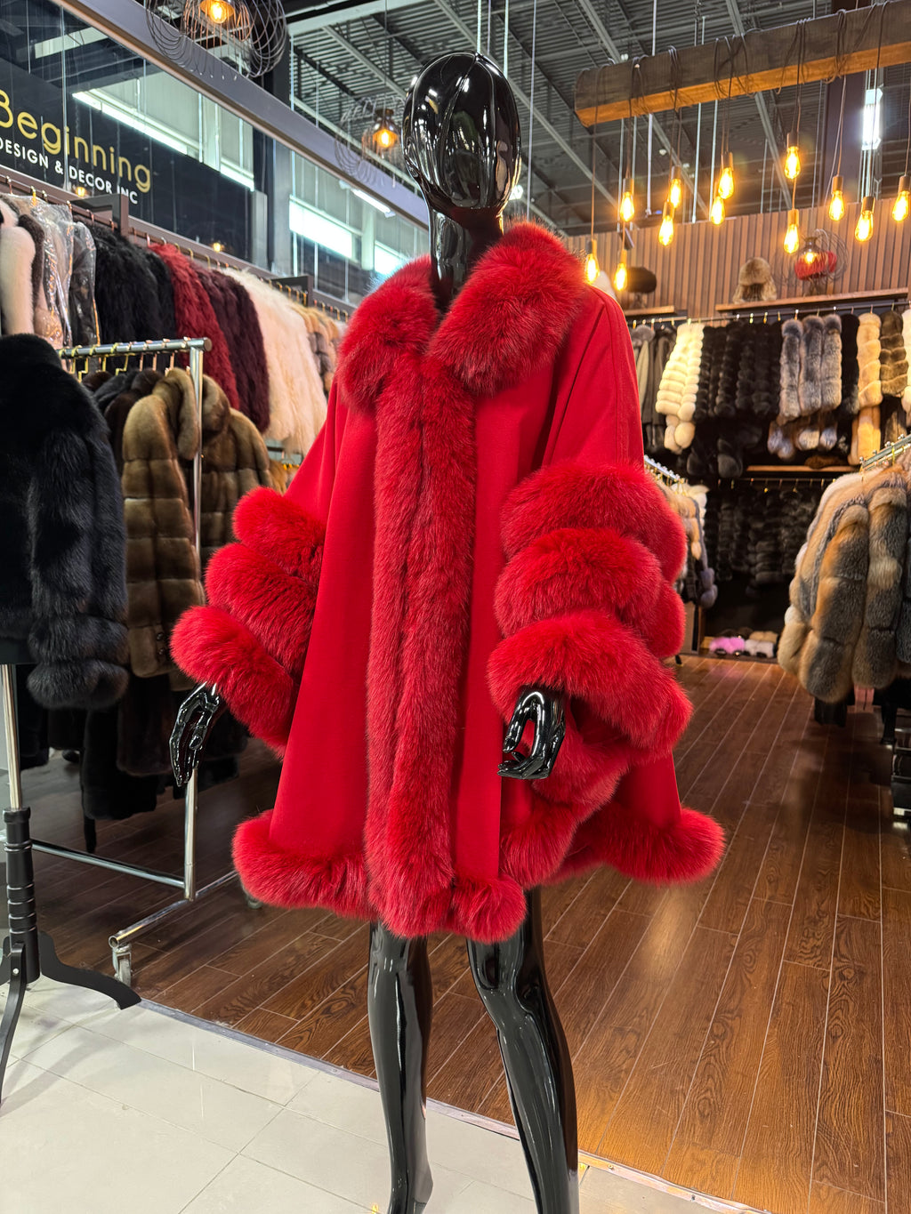 Red Cashmere Poncho with Real Fox Fur Trim | Luxury Winter Wrap | Elegant Red Cape Shawl for Women