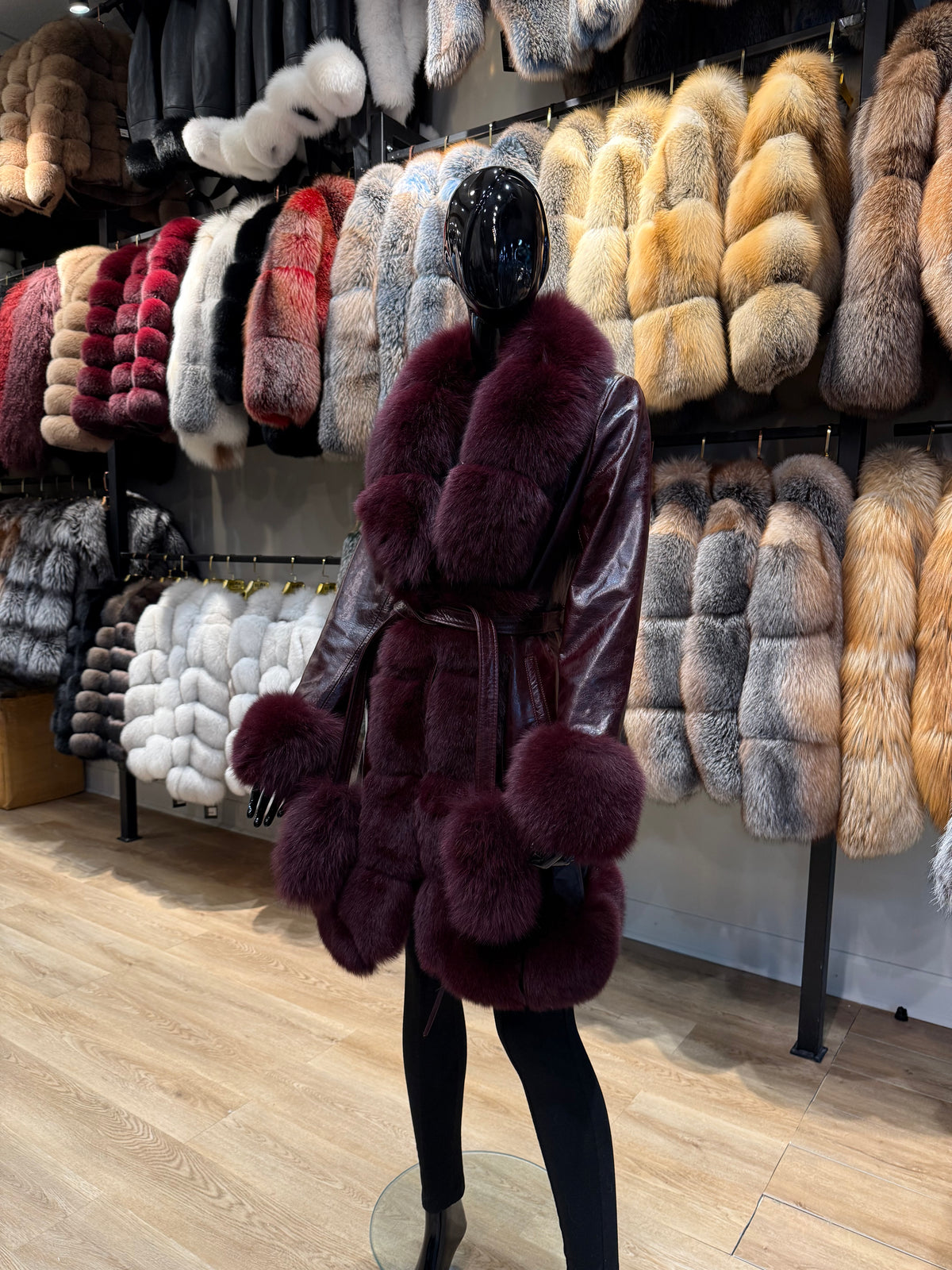 Burgundy Fox Fur & Genuine Leather Luxury Coat | Premium Real Fur Winter Coat