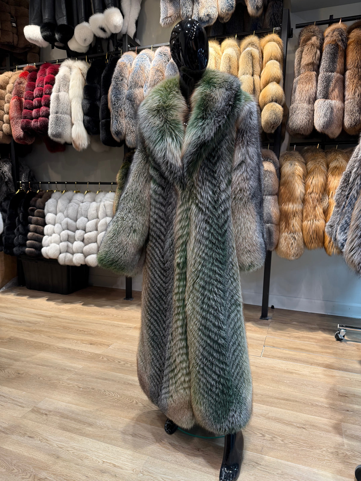 Luxury Long Green Fox Fur Coat – Exclusive Designer Collection
