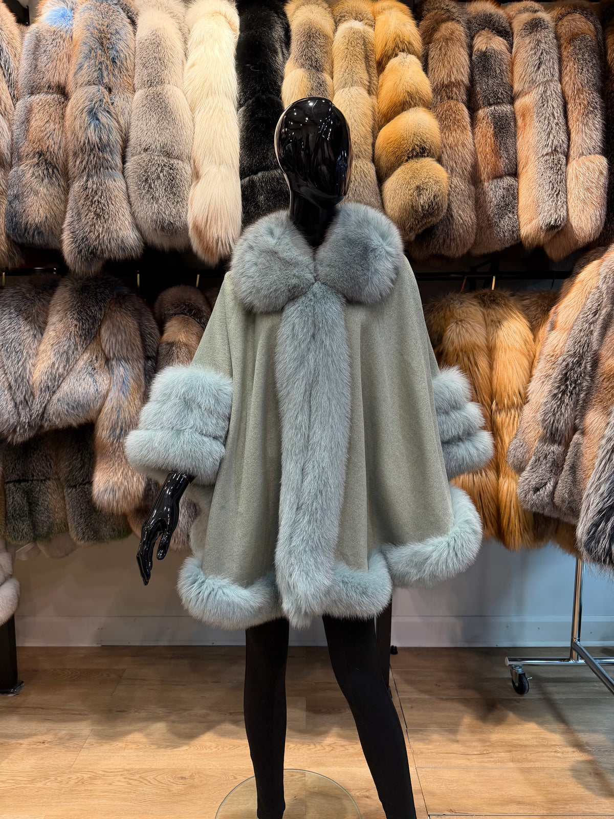 Luxury Light Green Fox Fur & 100% Cashmere Poncho – Exclusive Custom Color