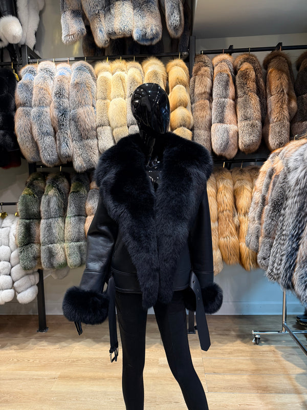 Black Fox Fur & Shearling Leather Jacket – Luxury Designer Sporty Coat