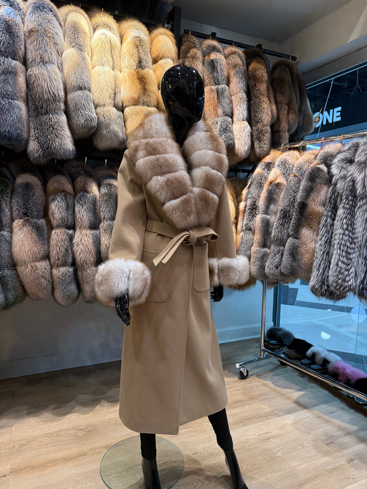 Luxury Camel Fox Fur & Cashmere Coat – Handmade Real Fox Fur Winter Long Coat