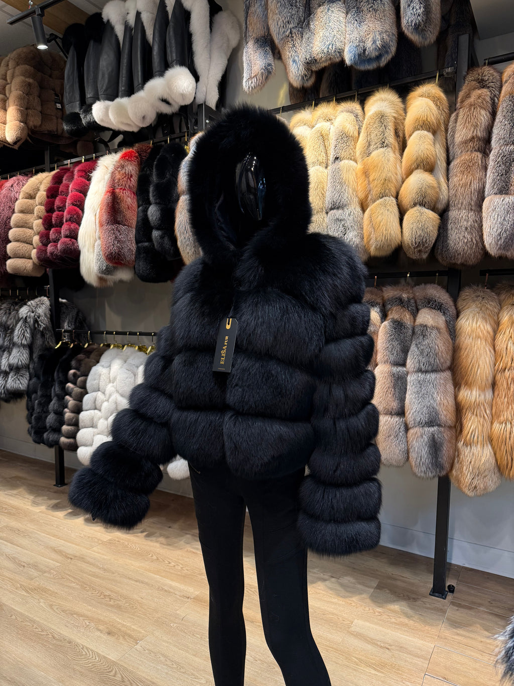 Black Fox Fur Hooded Jacket – Detachable Sleeves & Hood – 100% Genuine Fox Fur
