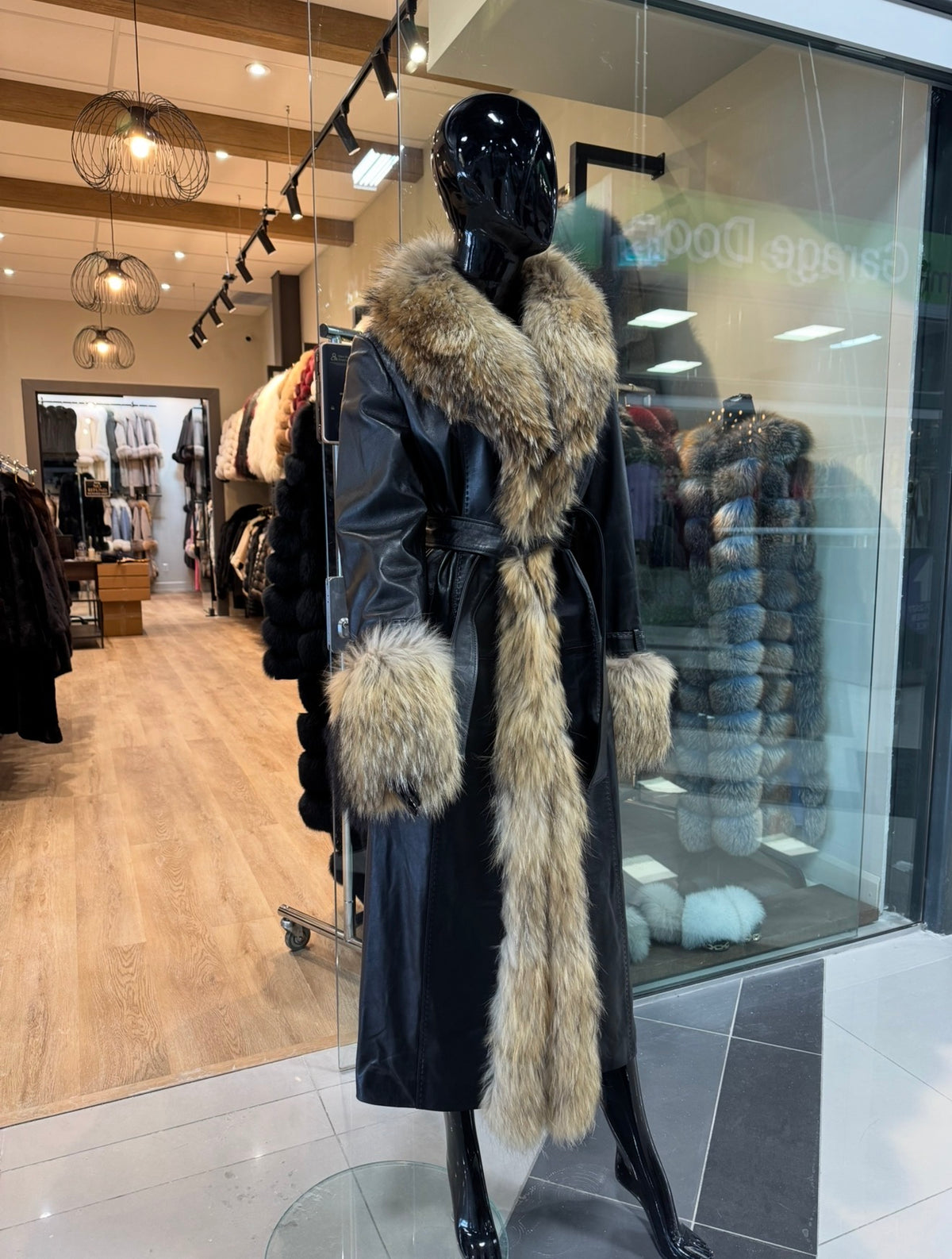 Luxury Genuine Fox Fur & Real Leather Long Coat