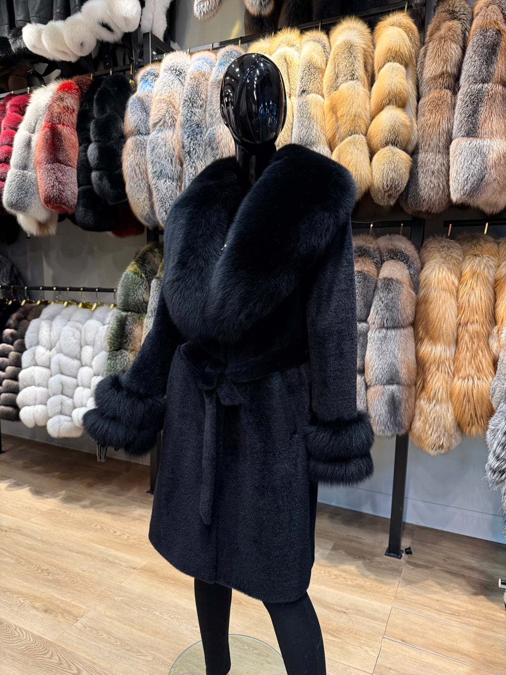 Black Fox Fur & Alcantara Women’s Coat – Luxury Winter Jacket