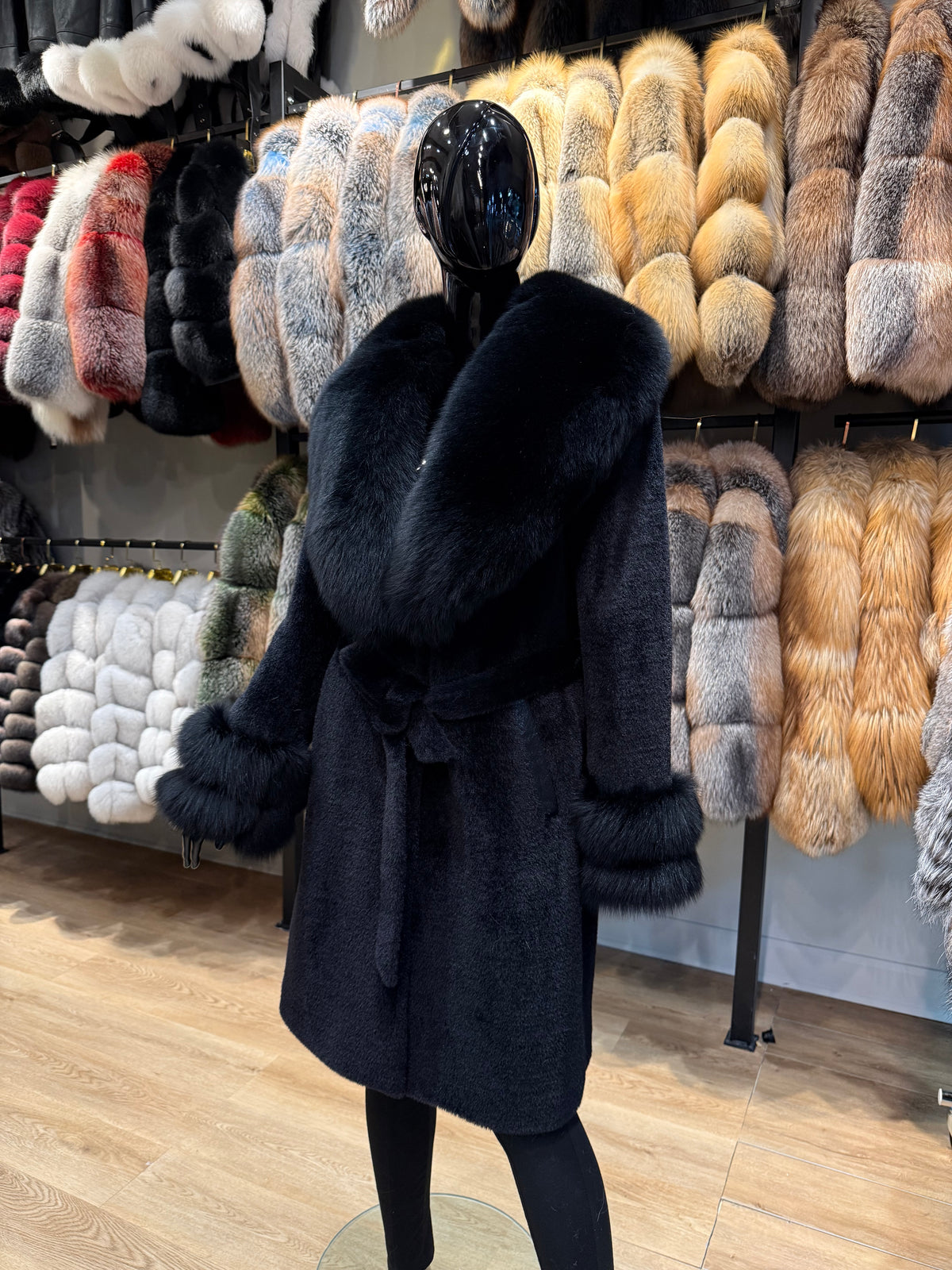 Black Fox Fur & Alcantara Women’s Coat – Luxury Winter Jacket