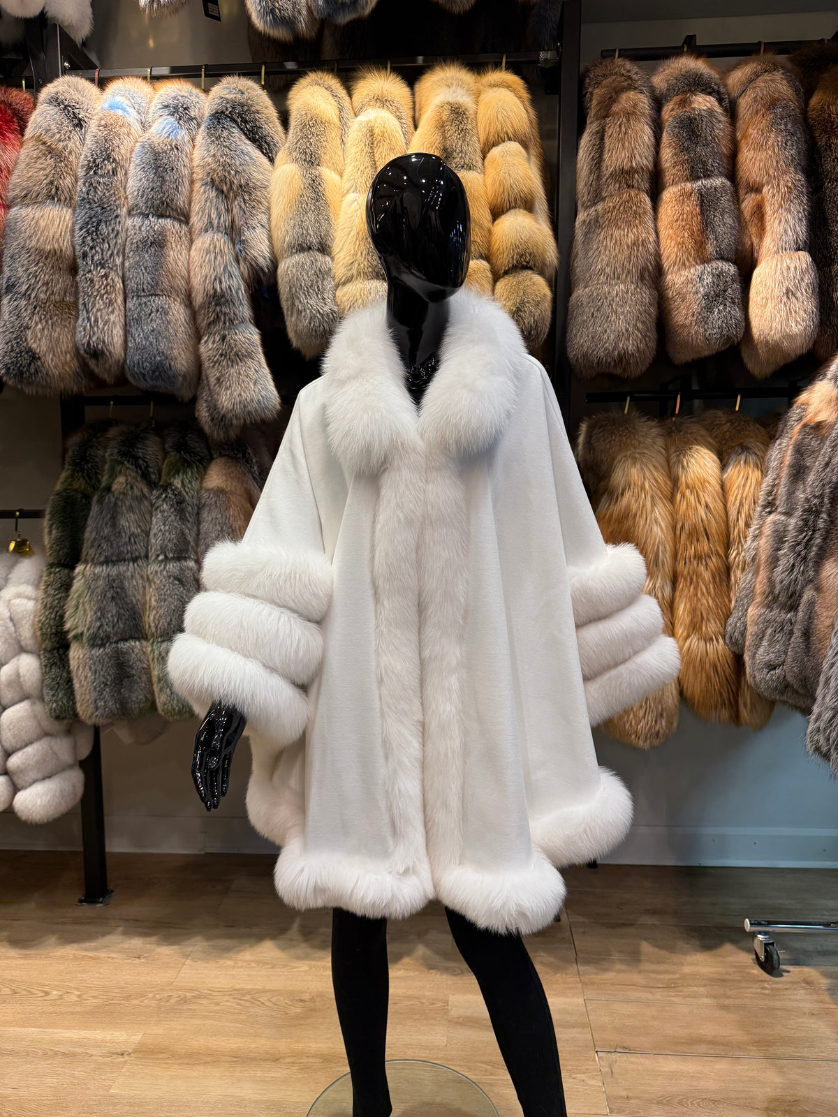 White Fox Fur & Cashmere Poncho – Luxury Real Fur Cape, Elegant Winter Wrap