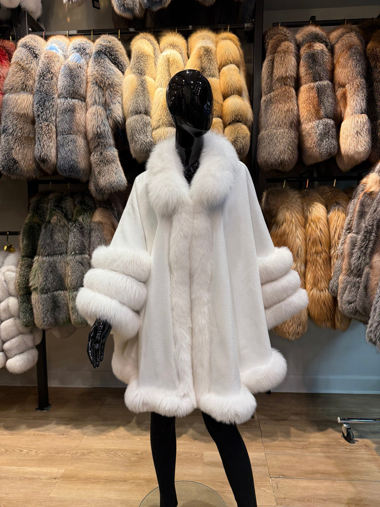 White Fox Fur & Cashmere Poncho – Luxury Real Fur Cape, Elegant Winter Wrap