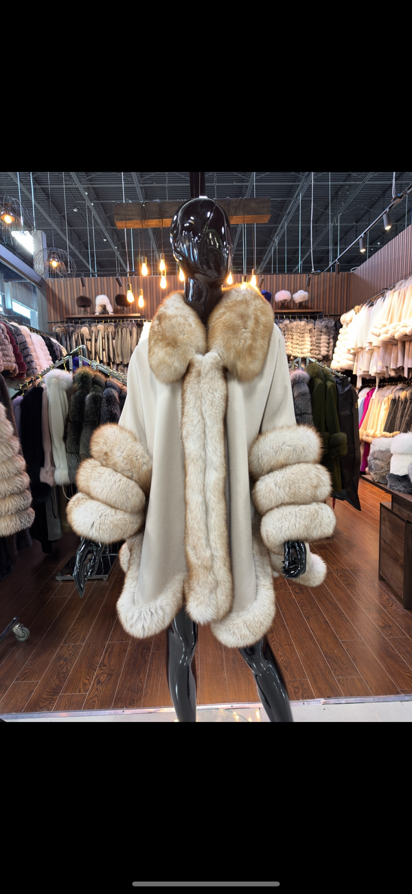 Luxury Real Fox Fur & Cashmere Poncho