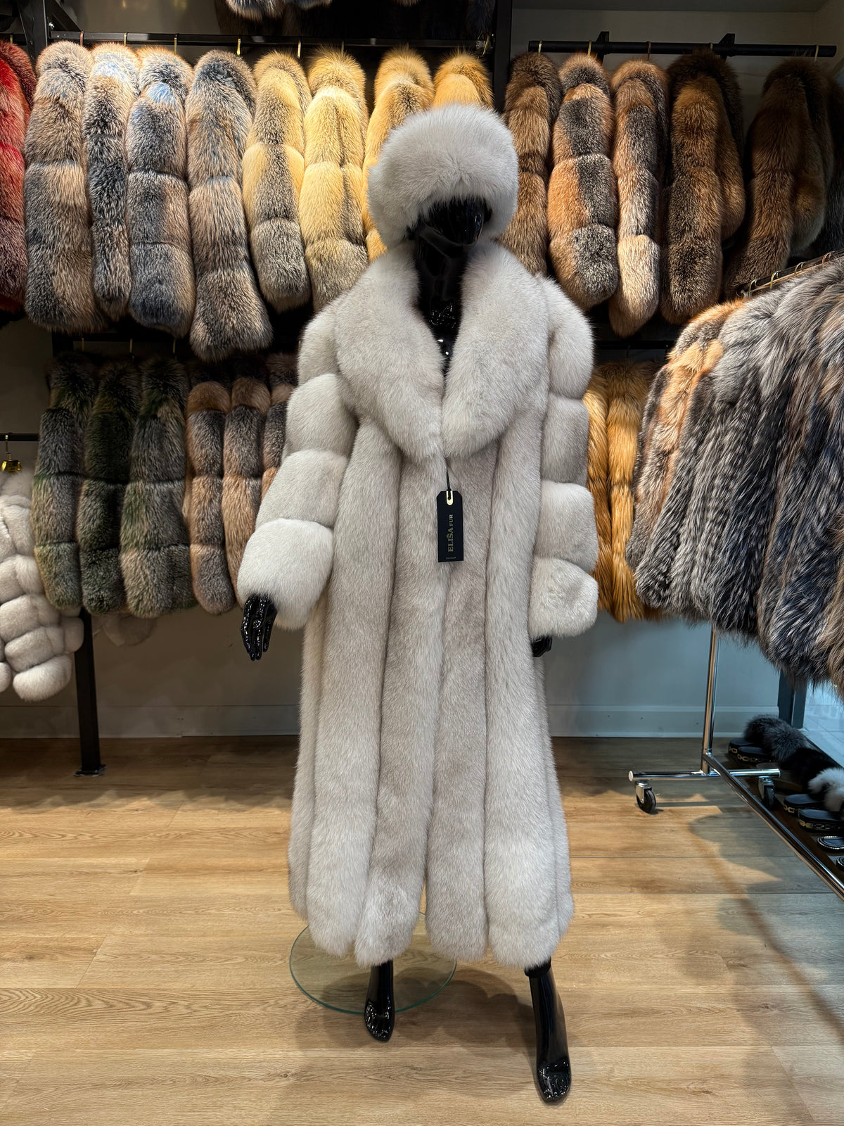 Natural White Genuine Fox Fur Long Coat – 130 cm Luxury Design
