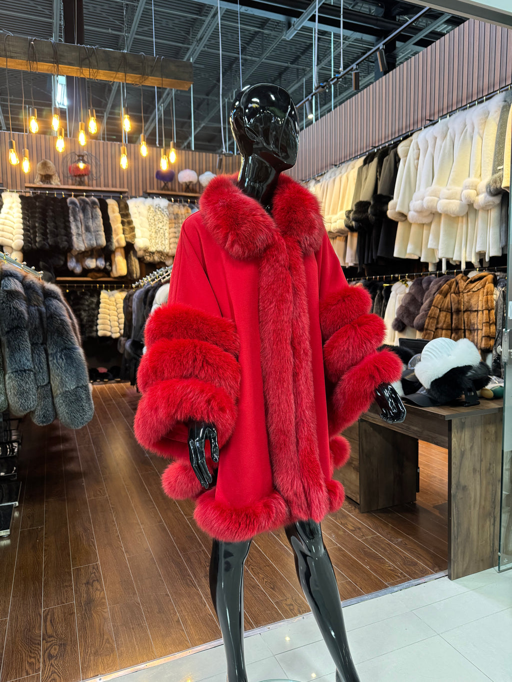 Red Cashmere Poncho with Real Fox Fur Trim | Luxury Winter Wrap | Elegant Red Cape Shawl for Women
