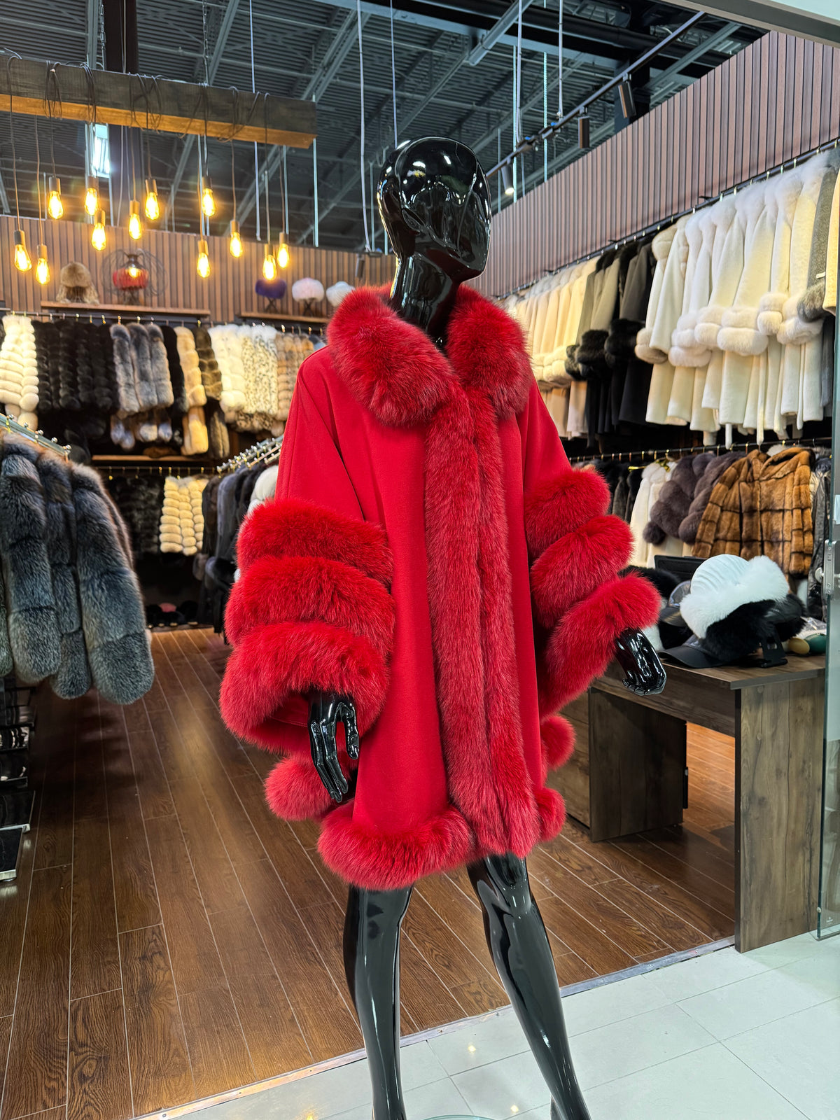 Red Cashmere Poncho with Real Fox Fur Trim | Luxury Winter Wrap | Elegant Red Cape Shawl for Women