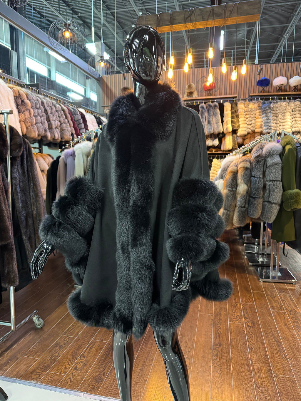 Black Cashmere Poncho with Black Fox Fur Trim | Luxury Winter Wrap | Elegant Black Cape Shawl for Women