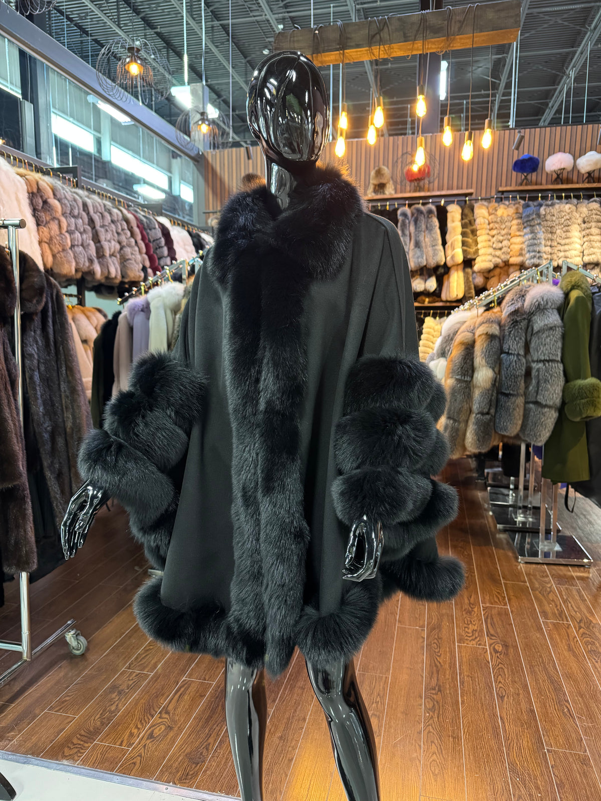Black Cashmere Poncho with Black Fox Fur Trim | Luxury Winter Wrap | Elegant Black Cape Shawl for Women