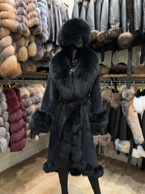 Exclusive Black Fox Fur Trimmed Alcantara Coat – Luxury Women’s Designer Jacket