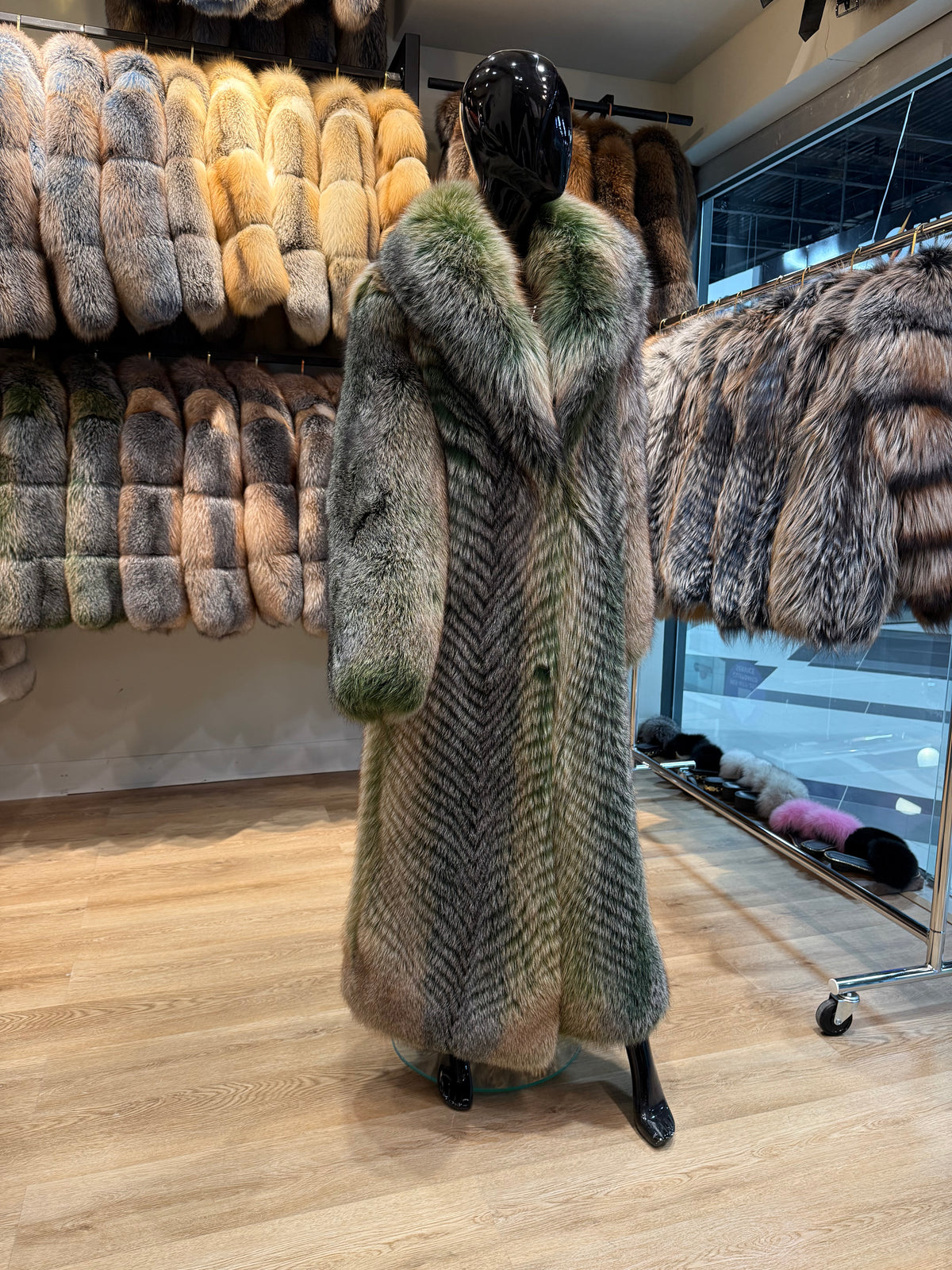 Luxury Long Green Fox Fur Coat – Exclusive Designer Collection