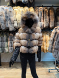Natural Gold Real Fox Fur & Genuine Leather Coat with Hood – Luxury Designer Outerwear