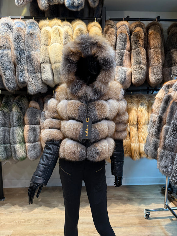 Natural Gold Real Fox Fur & Genuine Leather Coat with Hood – Luxury Designer Outerwear