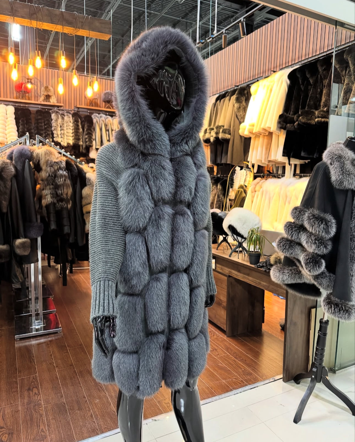Gray Fox Fur Jacket with Knit Sleeves – Real Fur, Lightweight & Stylish