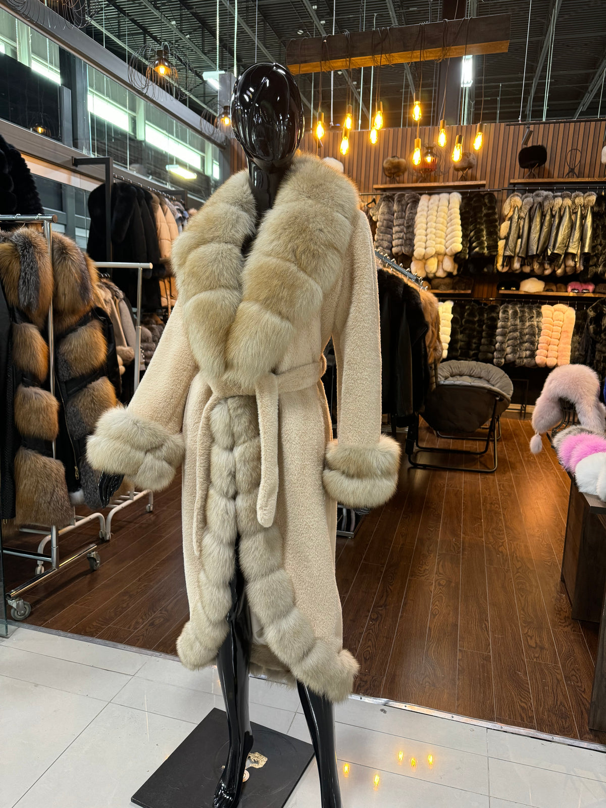 Beige Alcantara Coat Fully Trimmed with Fox Fur – Luxury Designer Women’s Jacket