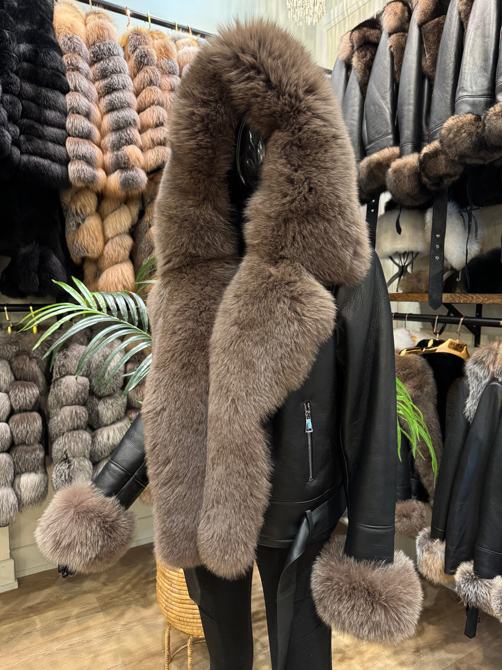 Hooded Brown Fox Fur & Genuine Leather Jacket – Luxury Handmade