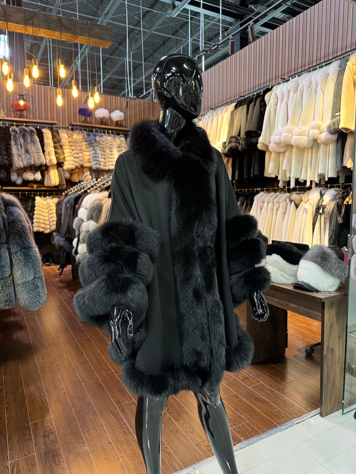 Black Cashmere Poncho with Black Fox Fur Trim | Luxury Winter Wrap | Elegant Black Cape Shawl for Women