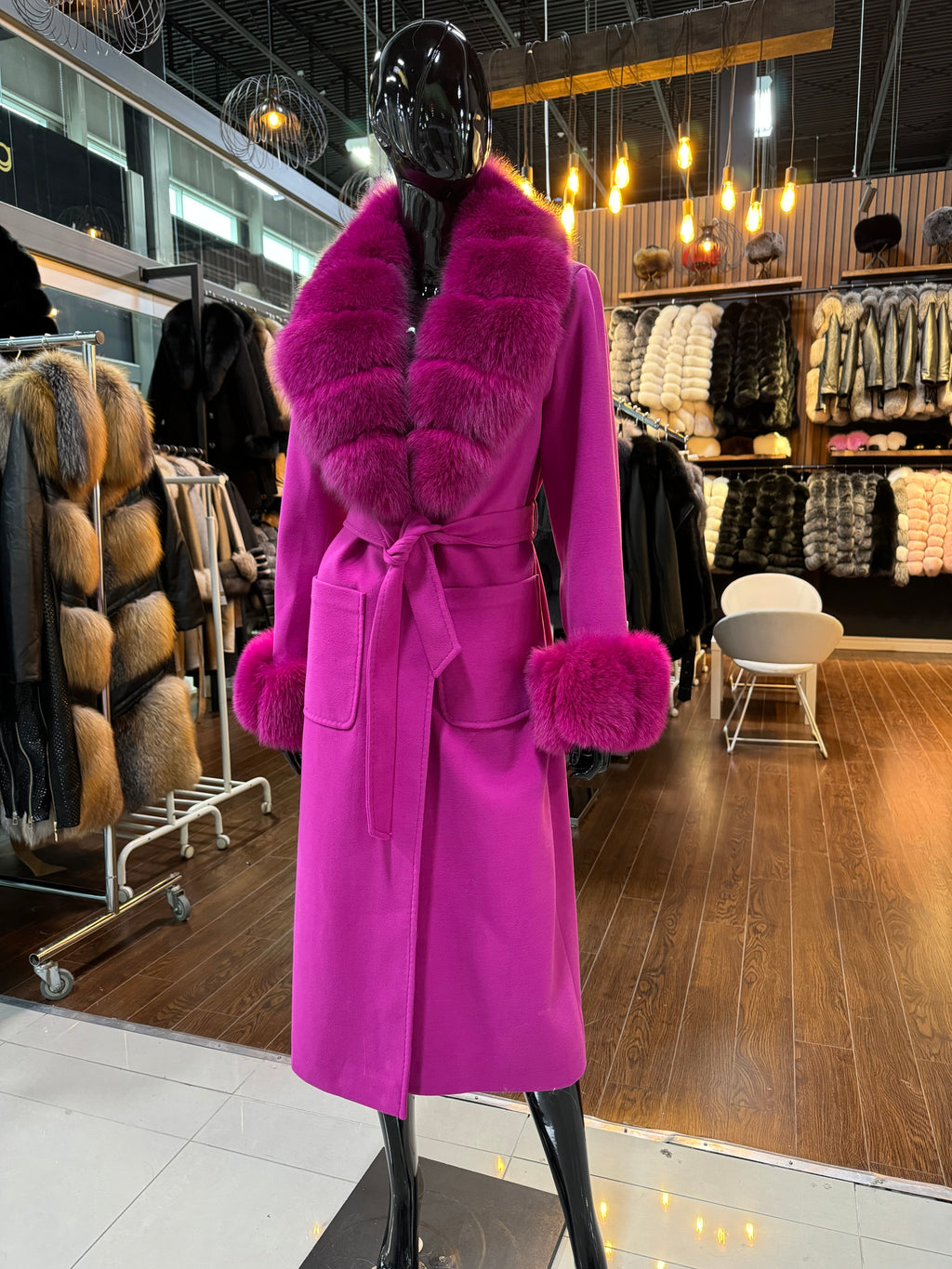 Pink Fox Fur & Cashmere Coat – Luxury Women’s Winter Overcoat