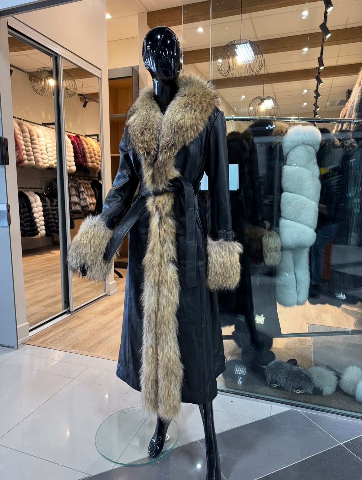 Luxury Genuine Fox Fur & Real Leather Long Coat