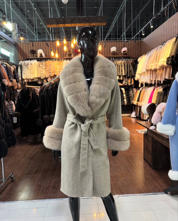 Brown Alpaca Fabric and Real Fox Fur Coat