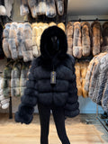 Black Fox Fur Hooded Jacket – Detachable Sleeves & Hood – 100% Genuine Fox Fur